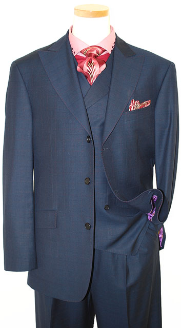 P2 By Tayion Collection Slate Navy Blue/Wine Windowpanes With Wine  Hand-Pick Stitching Super 120'S Extra Fine Vested Suit 6232/1